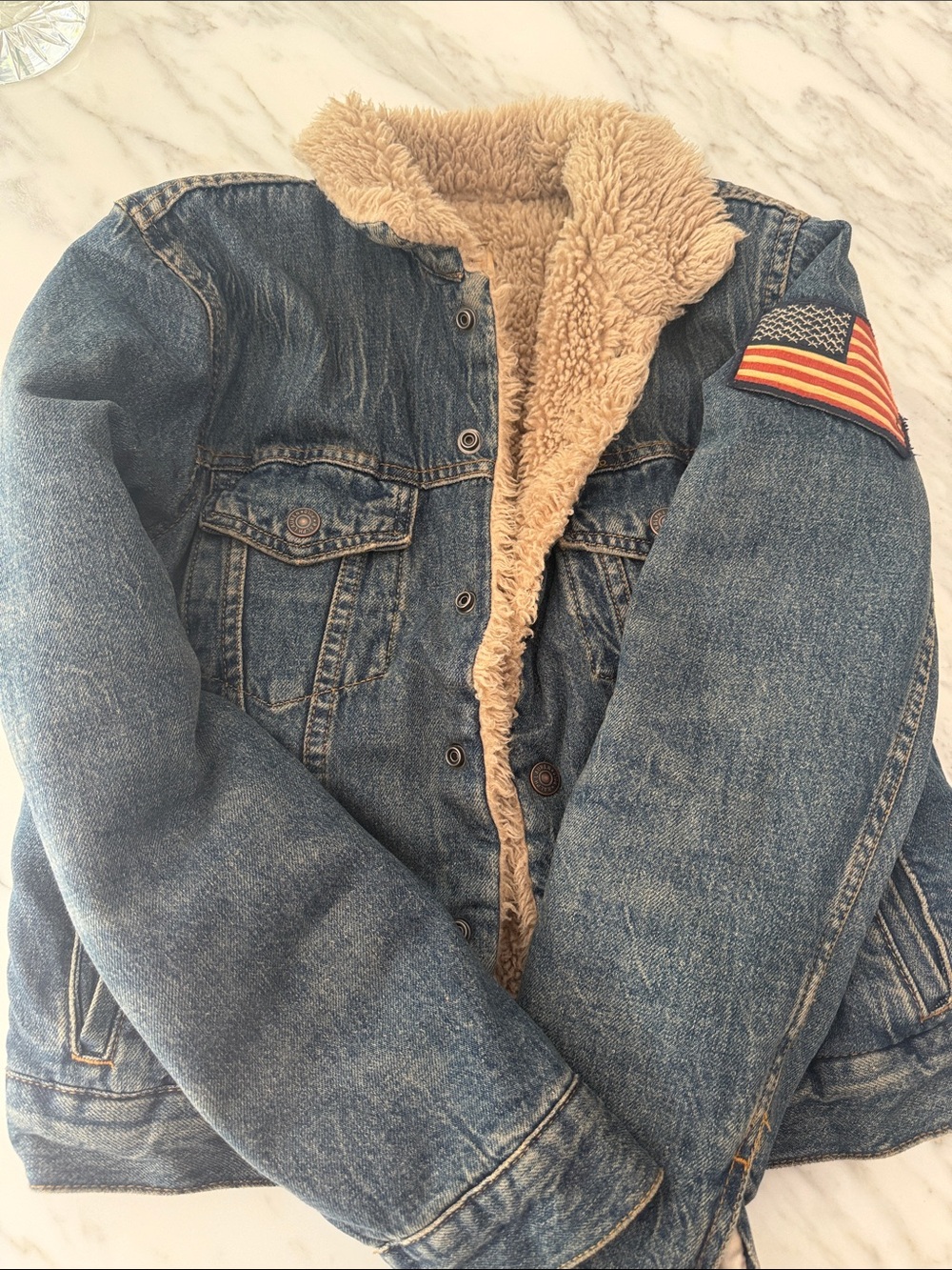 Kids Sherpa-Lined Denim Jacket with Flag Patch